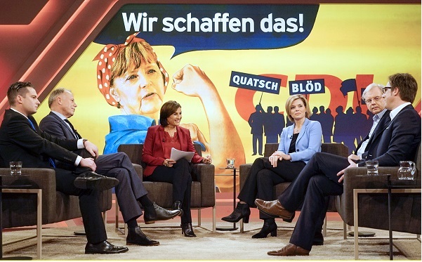 Zum Thema Das Schicksalsjahr der Kanzlerin: Scheitert Merkel? war David Bendels, Sprecher des Konservativen Aufbruchs, (v.l.) bei Sandra Maischberger zu Gast.WDR/Max Kohr
